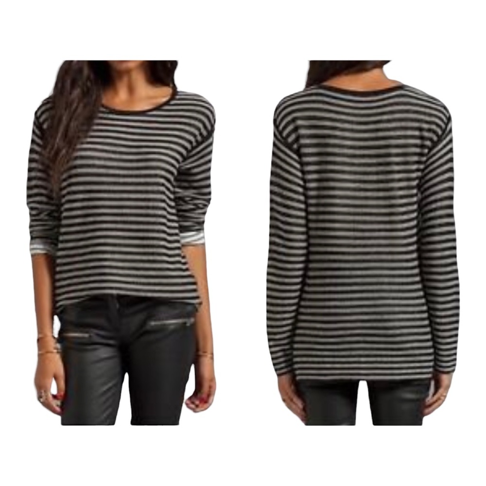T by Alexander Wang Stripe Knit Long Sleeve Top Shirt Black White Women's Size L